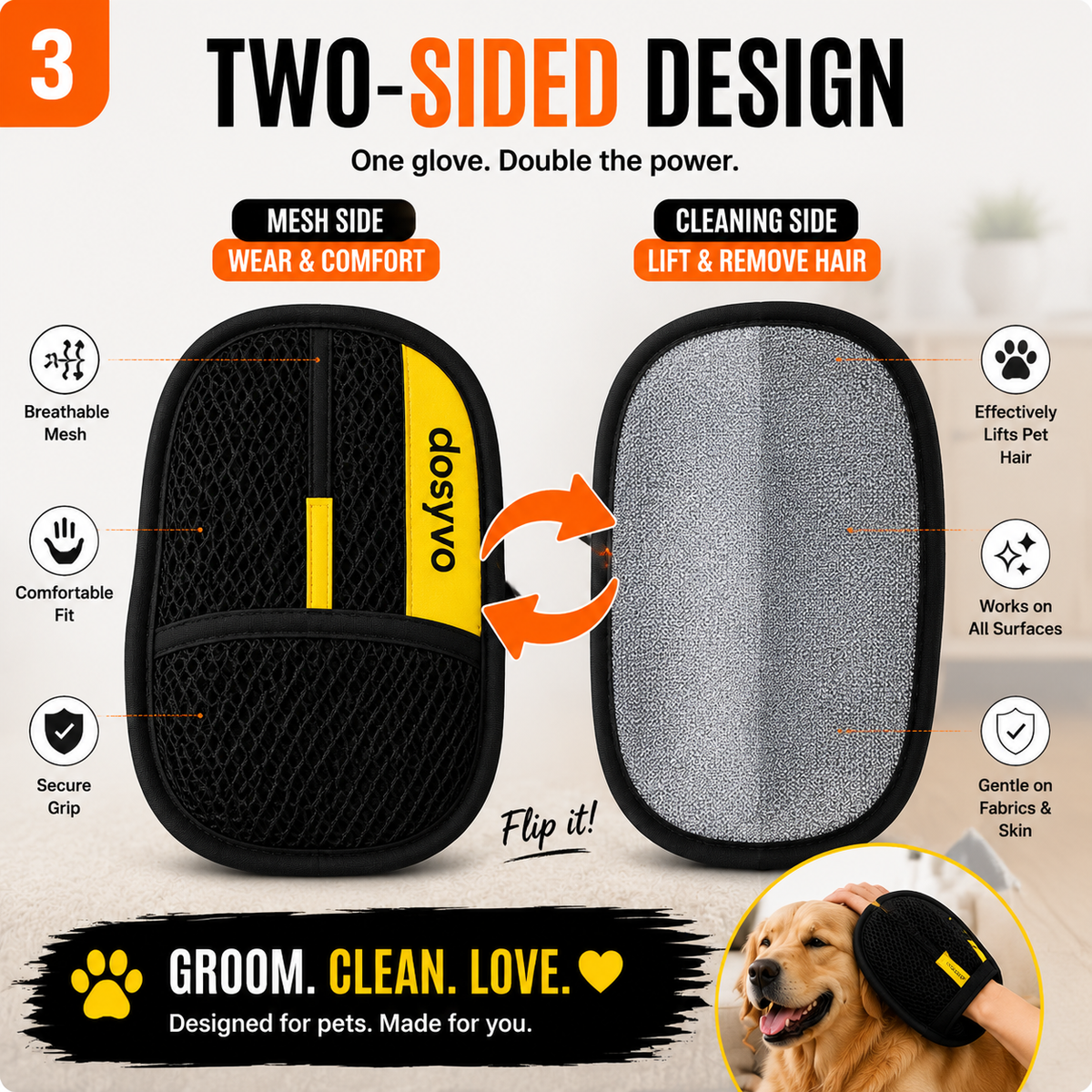 🔥 Flash Sale: 70% OFF –The dosyvo Pet Hair Removal Glove – ⚡ Swipe to Lift Fur from Furniture, Clothes & Cars